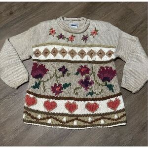 Vintage 90s Cabin Creek Women Knit Sweater Granny Beige Hearts Floral Size L